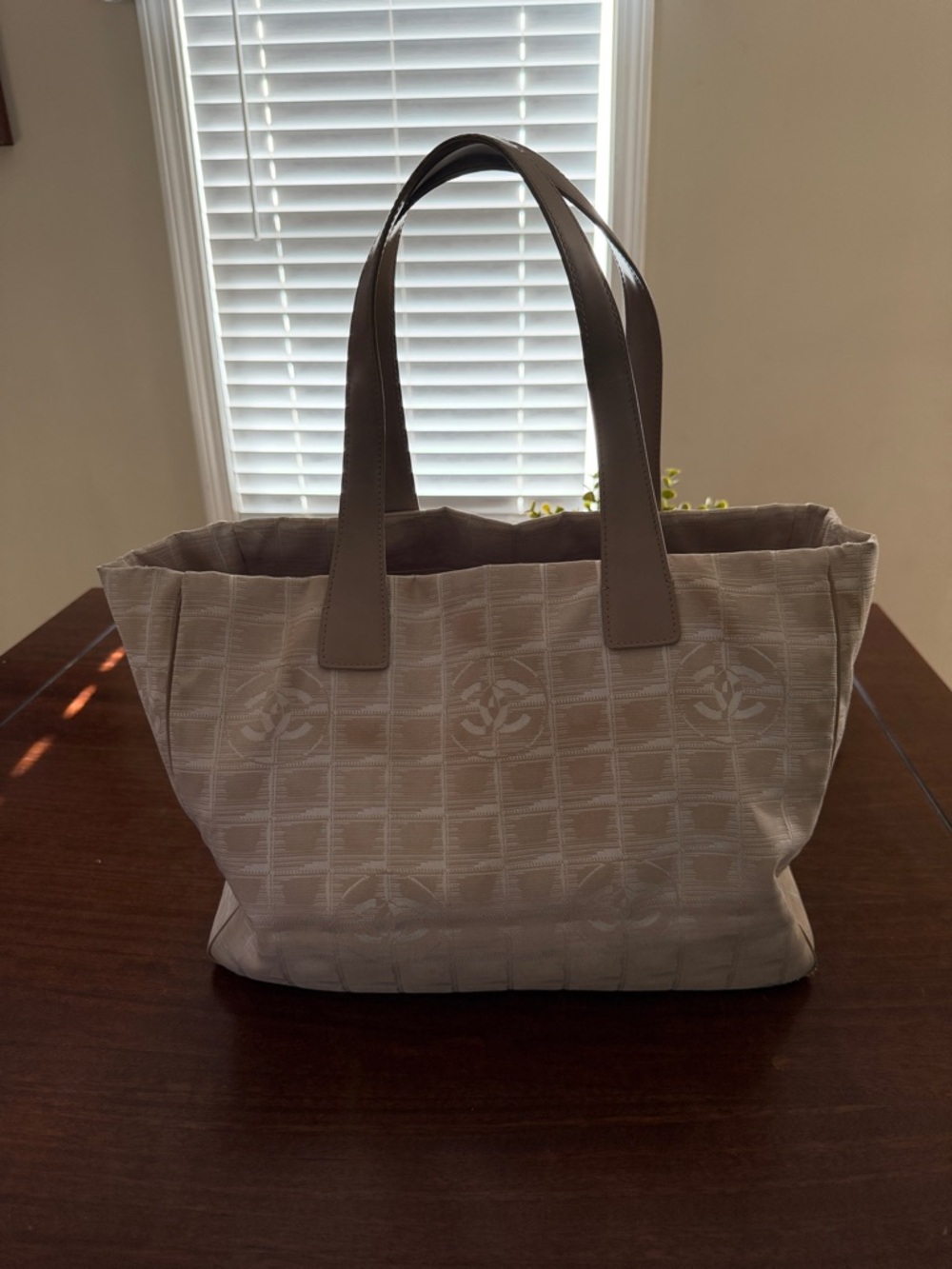 Neutral Beige Women's Chanel Travel line Tote Bag with Leather Handles.